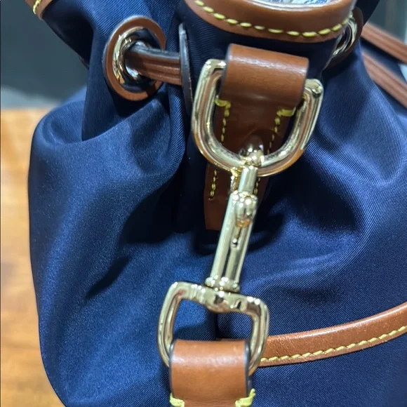 Dooney & Bourke Italian Nylon Navy and Brown Hobo Drawstring Bag - Picture 4 of 15